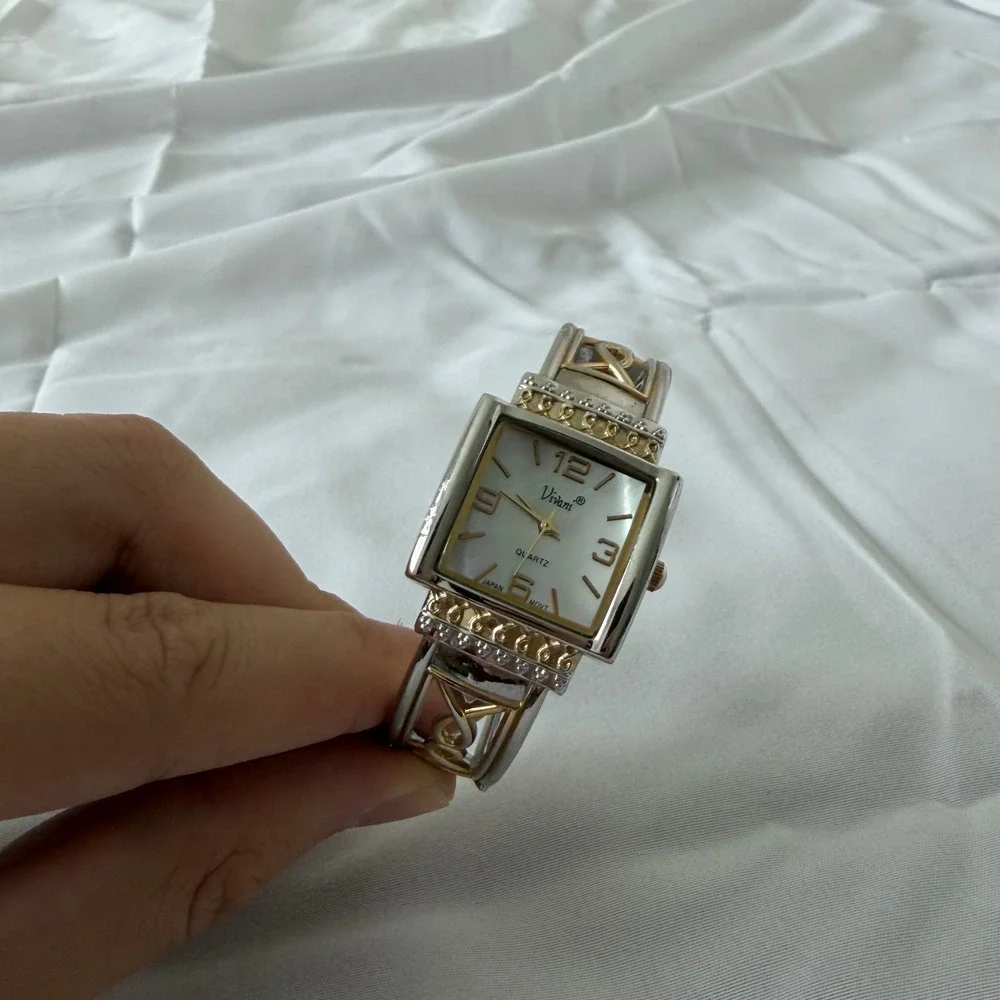 Vivani Two Tone Silver Gold Cuff Watch Mother of Pearl Dial Filigree Bracelet